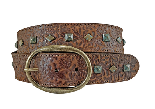 8863790 Roper Women's Belt 1.1/2'' Buffalo leather Embossed with diamond nail heads - Brown