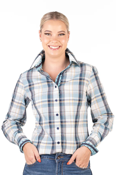 RR01-2011 Hitchley & Harrow Women's Fitted Baby Blue, White & Beige Shirt