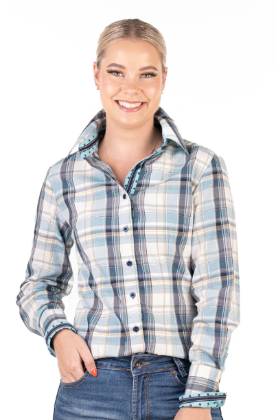 RR01-2011 Hitchley & Harrow Women's Fitted Baby Blue, White & Beige Shirt