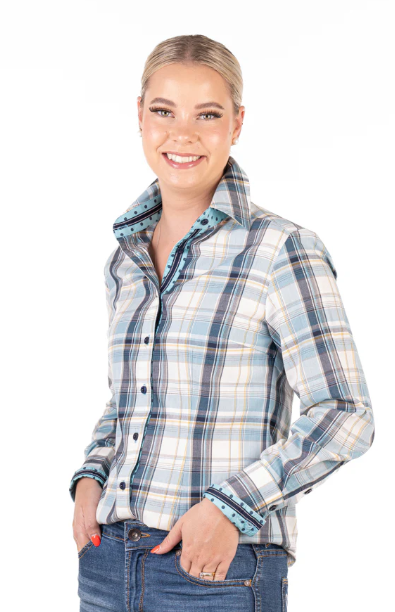 RR01-2011 Hitchley & Harrow Women's Fitted Baby Blue, White & Beige Shirt