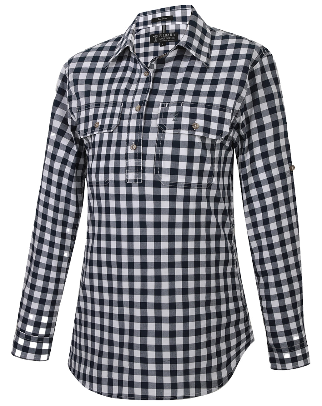 RMPC155.Navy-White Pilbara Women's Check L/S Shirt Navy & White