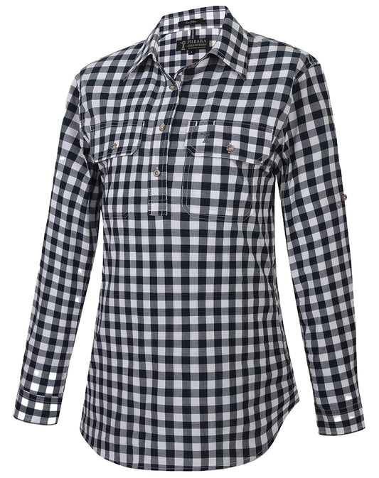 RMPC155.Navy-White Pilbara Women's Check L/S Shirt Navy & White