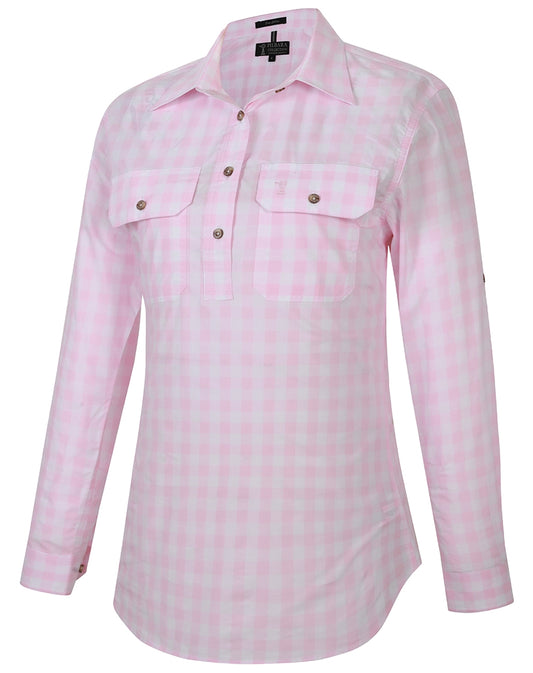 RMPC155.Pink-White Pilbara Women's Check L/S Shirt Pink & White