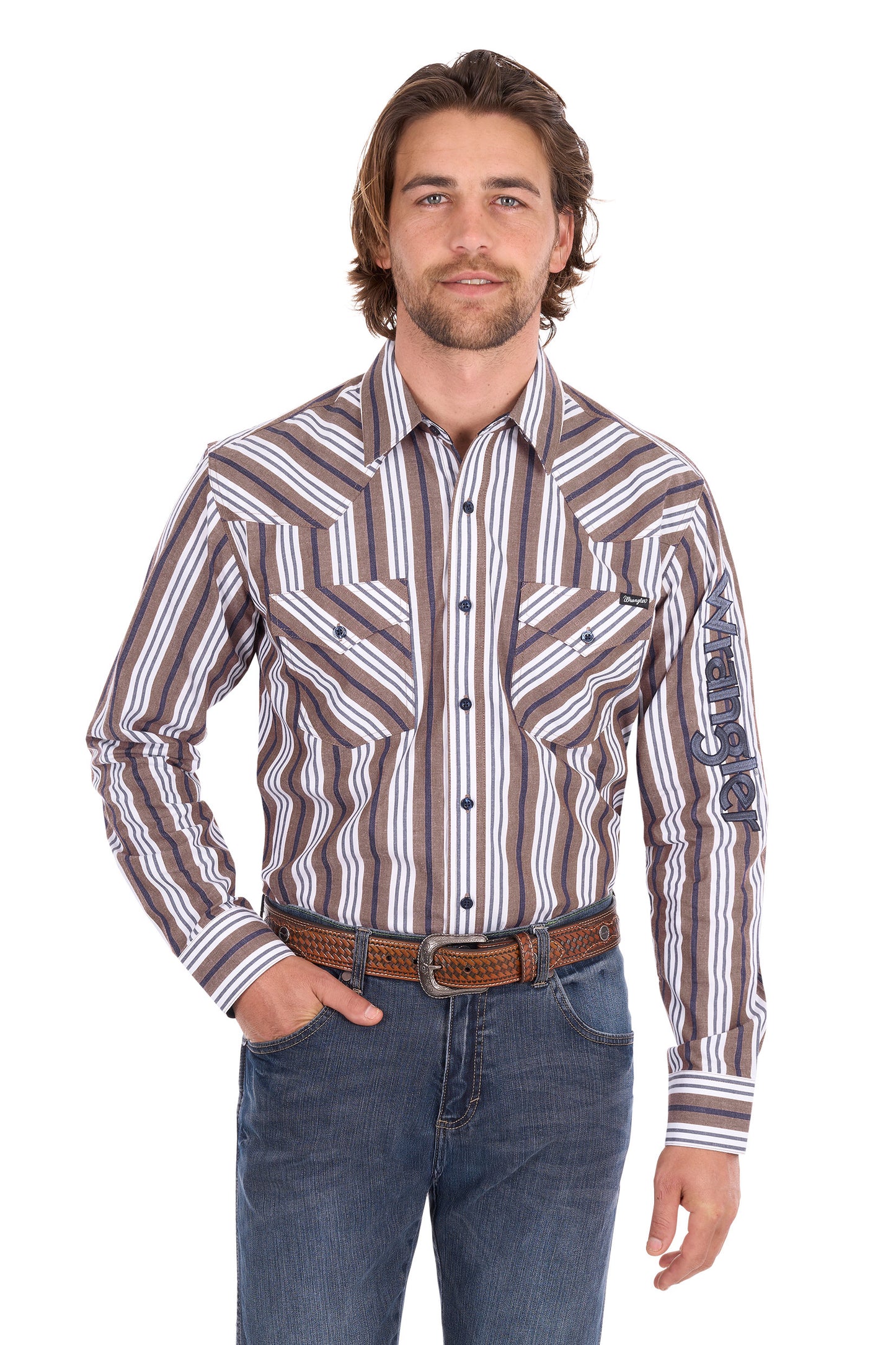 X6S151111659 Wrangler Men's Eli Logo LS Shirt Denim/Tan
