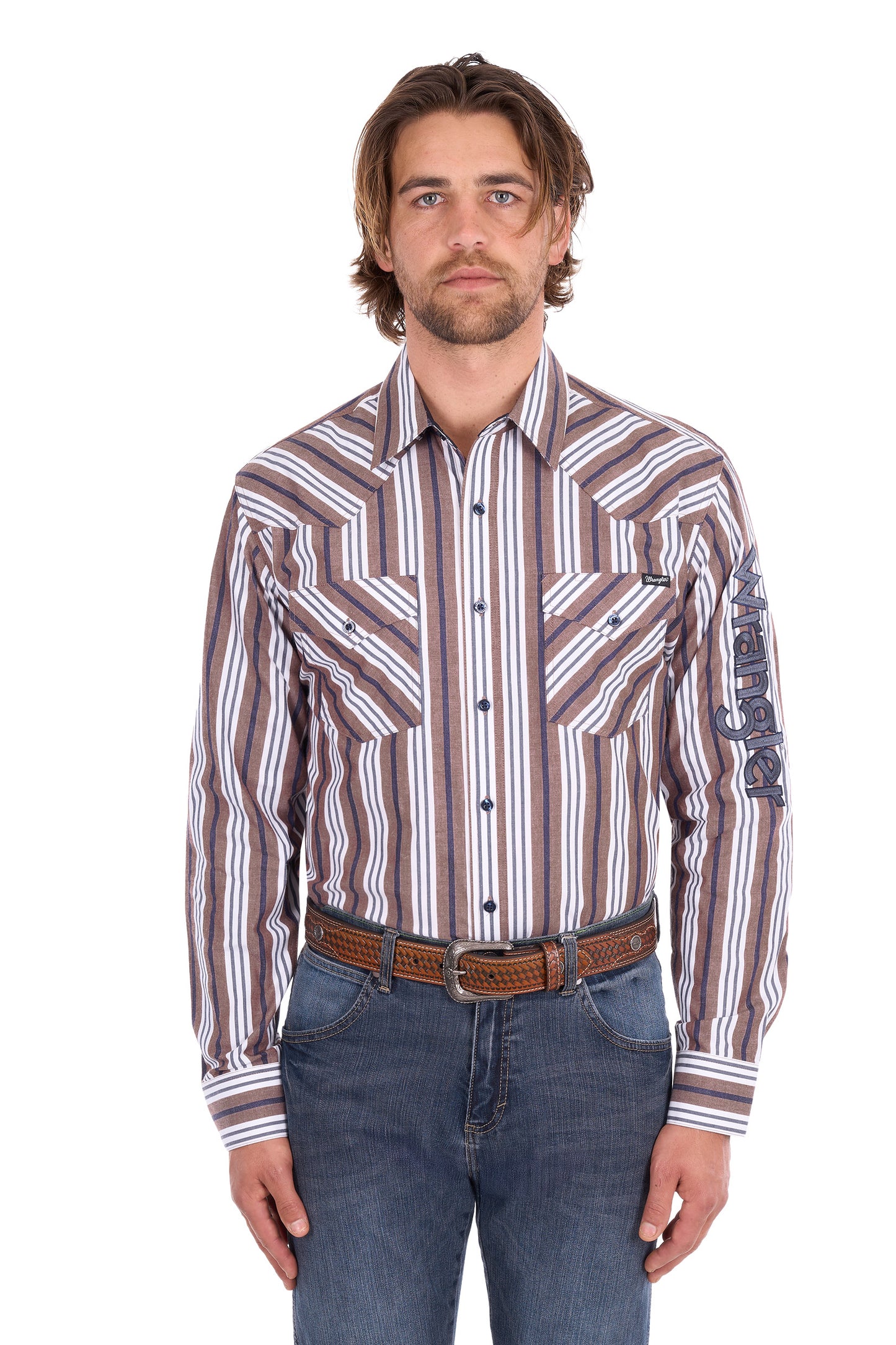 X6S151111659 Wrangler Men's Eli Logo LS Shirt Denim/Tan