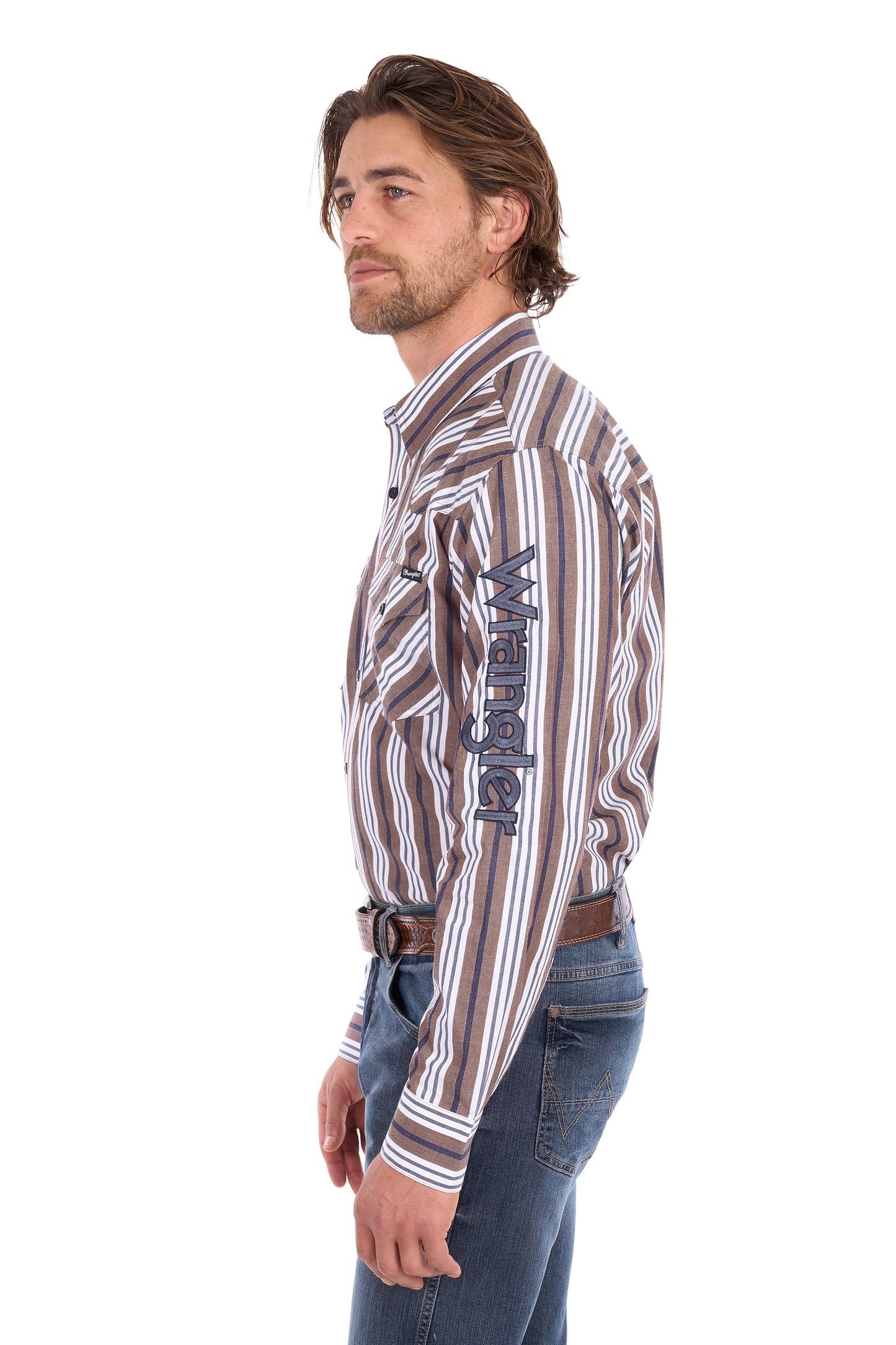 X6S151111659 Wrangler Men's Eli Logo LS Shirt Denim/Tan