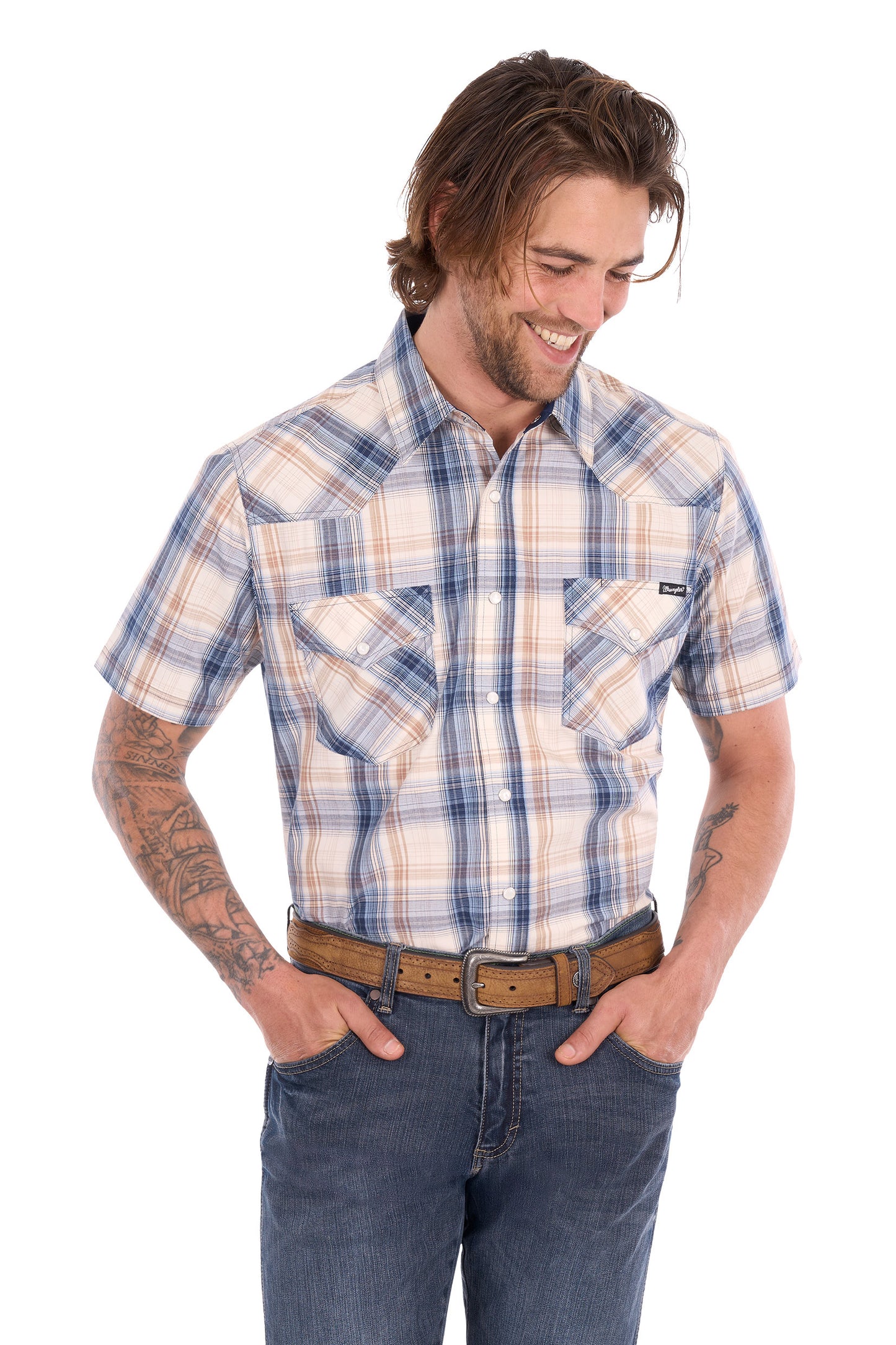X6S1117672 Wrangler Men's Adrian SS Shirt Navy/Tan
