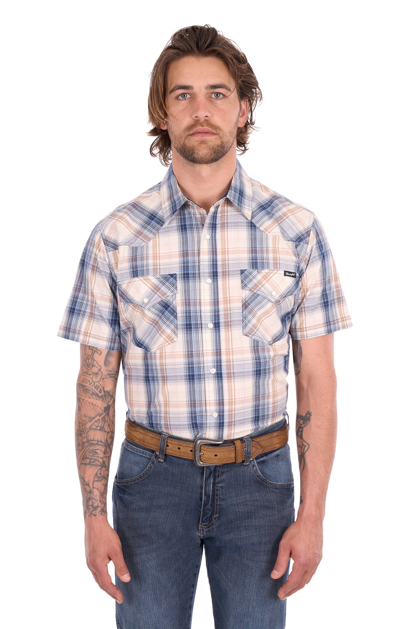 X6S1117672 Wrangler Men's Adrian SS Shirt Navy/Tan