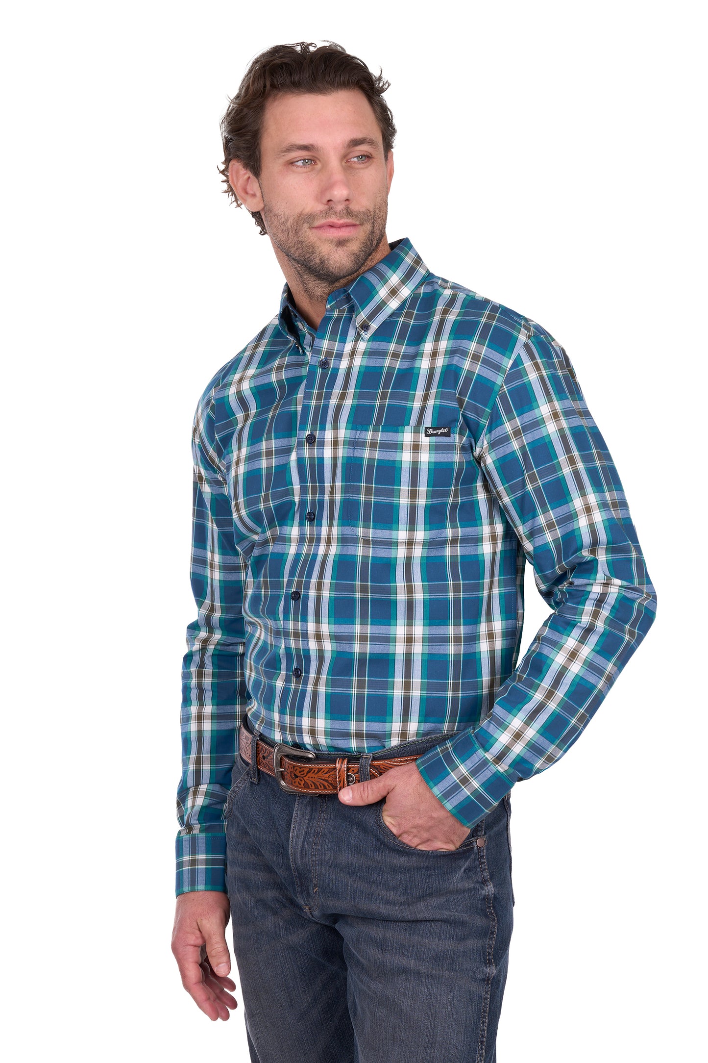 X6W1115491 Wrangler Men's Erik LS Shirt Blue/Cypress