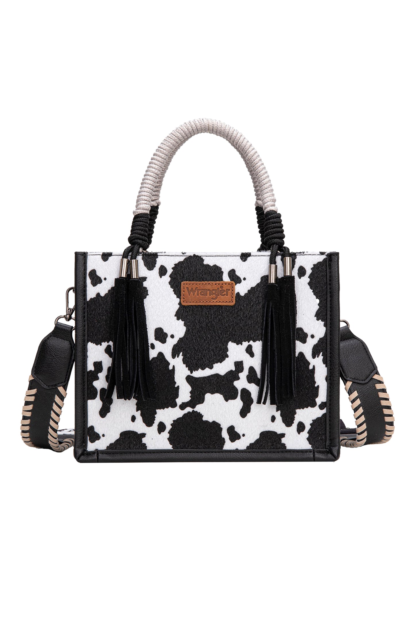 X6W4901BAG Wrangler Cow Print Tassel Crossbody Bag