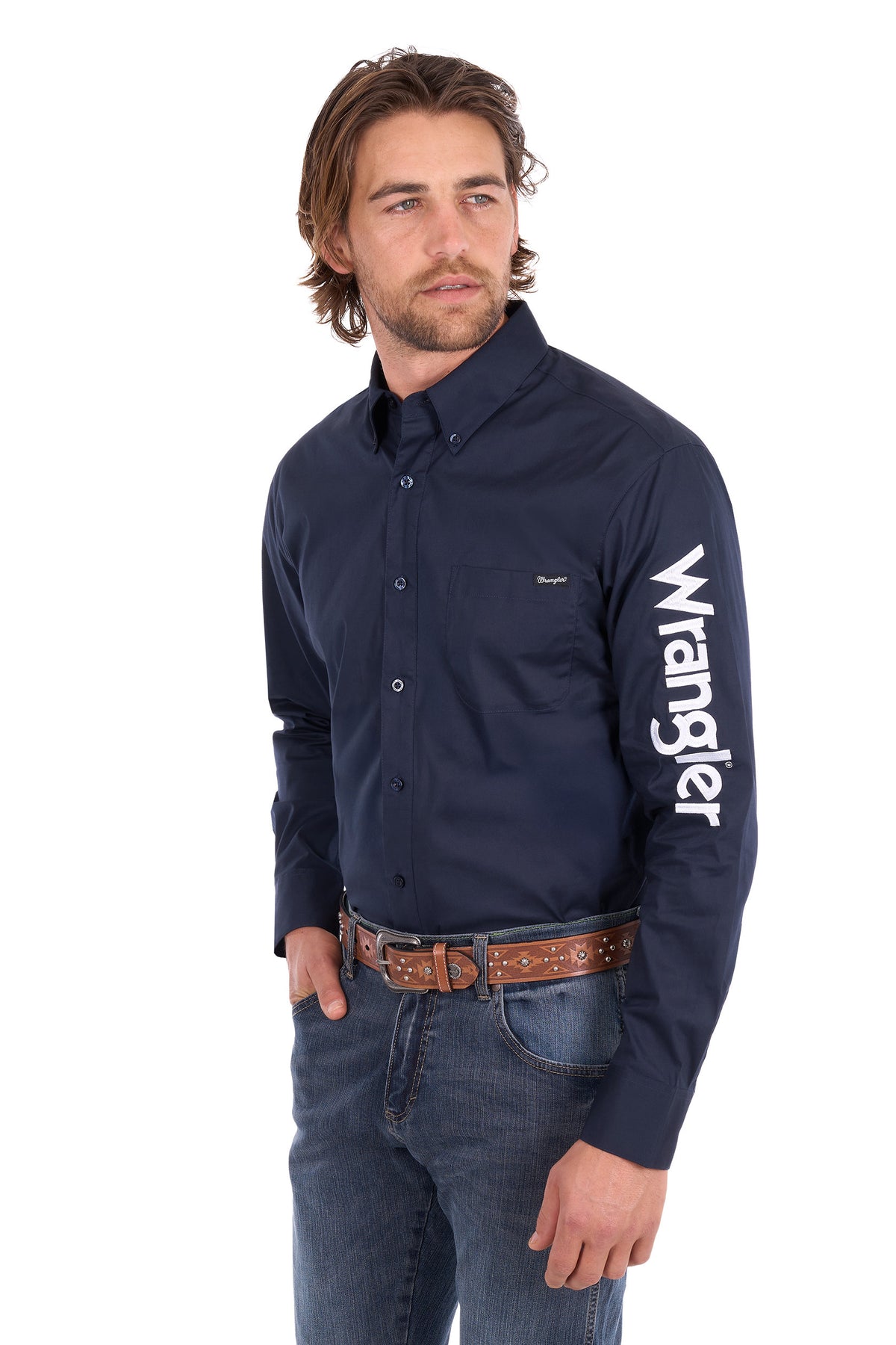 XCP1155359 Wrangler Men's Flex Logo LS Shirt Navy