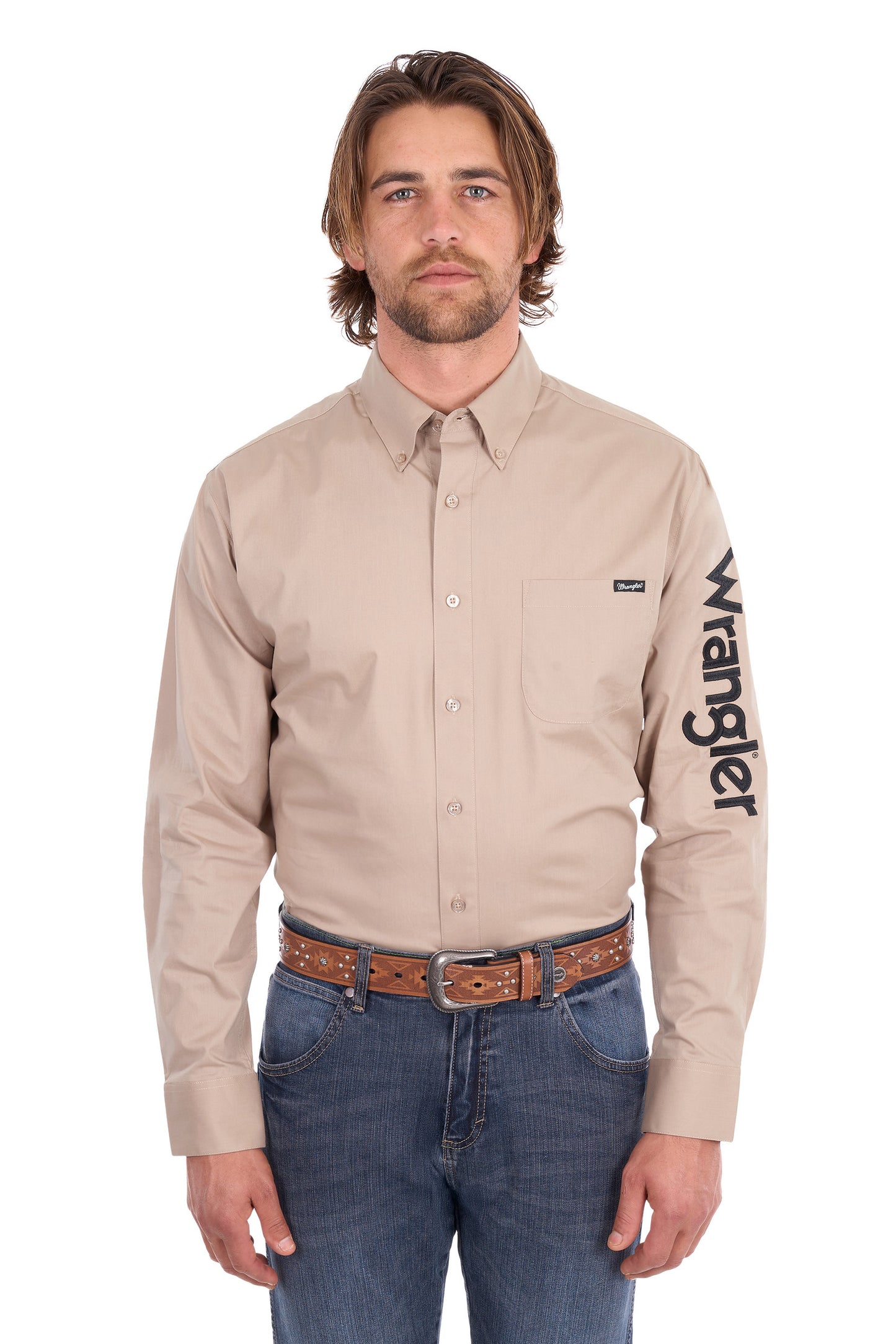 XCP1155359 Wrangler Men's Flex Logo LS Shirt Sand