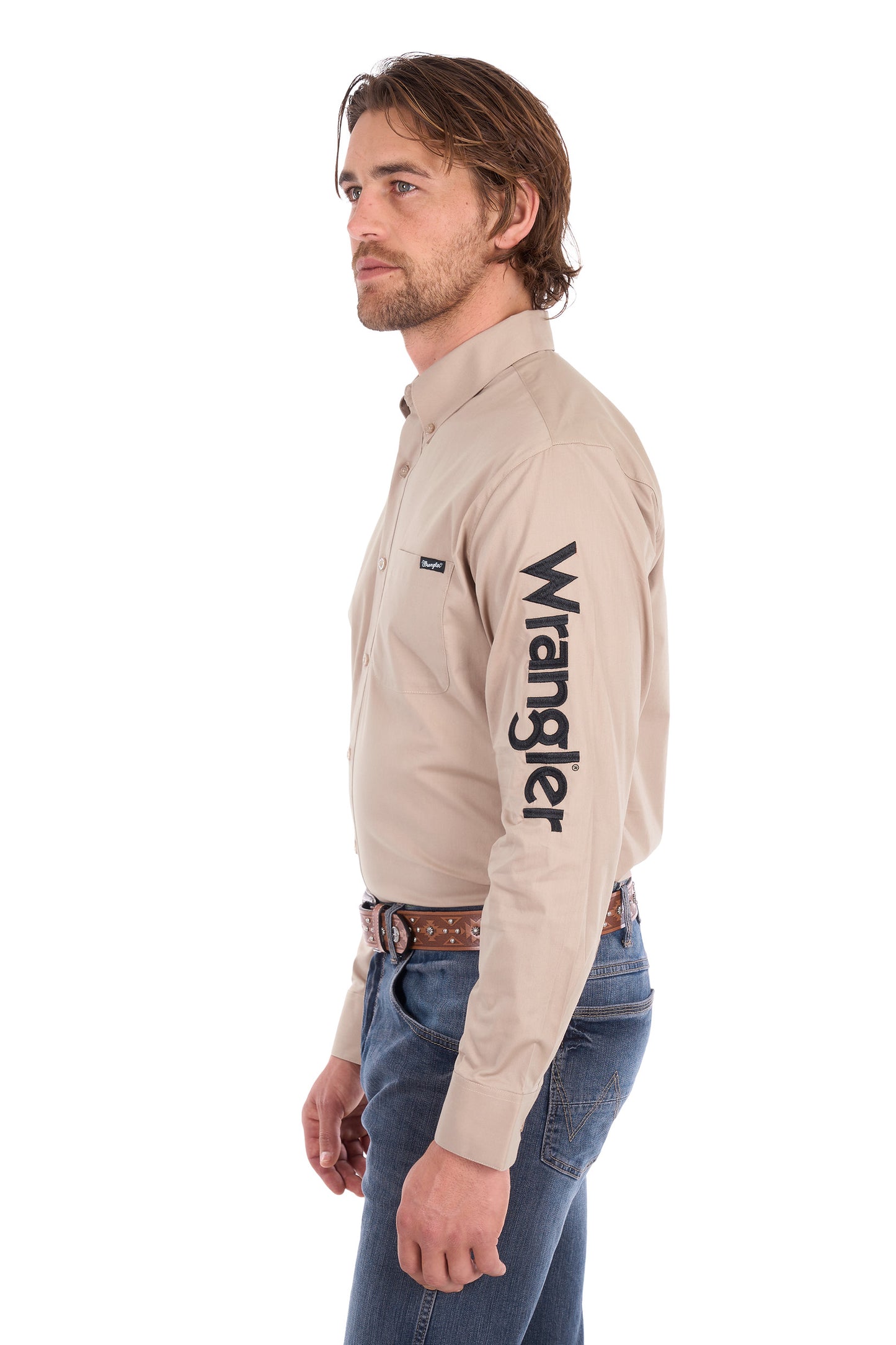 XCP1155359 Wrangler Men's Flex Logo LS Shirt Sand
