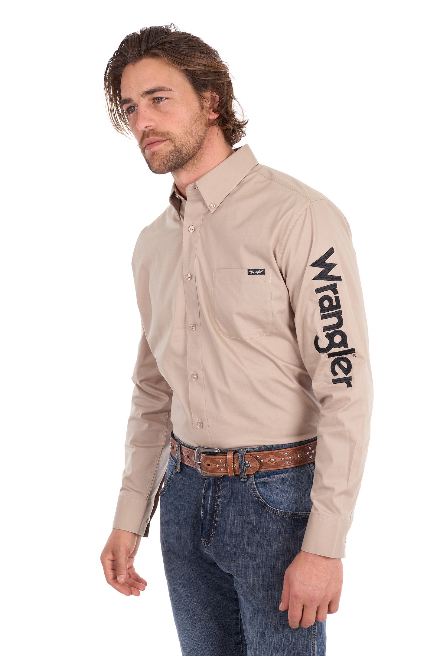 XCP1155359 Wrangler Men's Flex Logo LS Shirt Sand