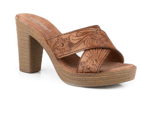 09-021-0946-3309 Roper Wms Mika Cross Strap Tan Tooled Leather
