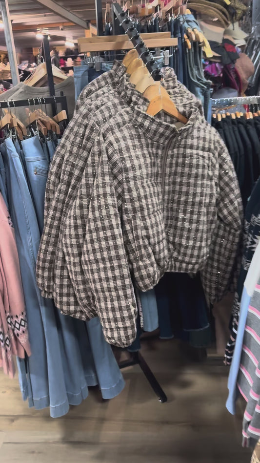 36298J  Sequin Plaid Mock Crop Jacket