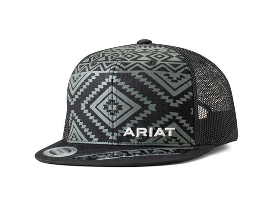 A300081601 Ariat Youth Cap Flat Bill Aztec Pattern Mesh Snap Back Black