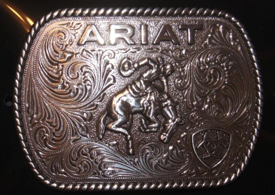 A37053Ariat Men's Western Belt Buckle Rectangle Saddle Bronc Logo Silver tone