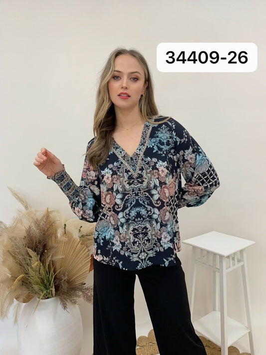 34409-26 Gem Women's Black Floral Blouse