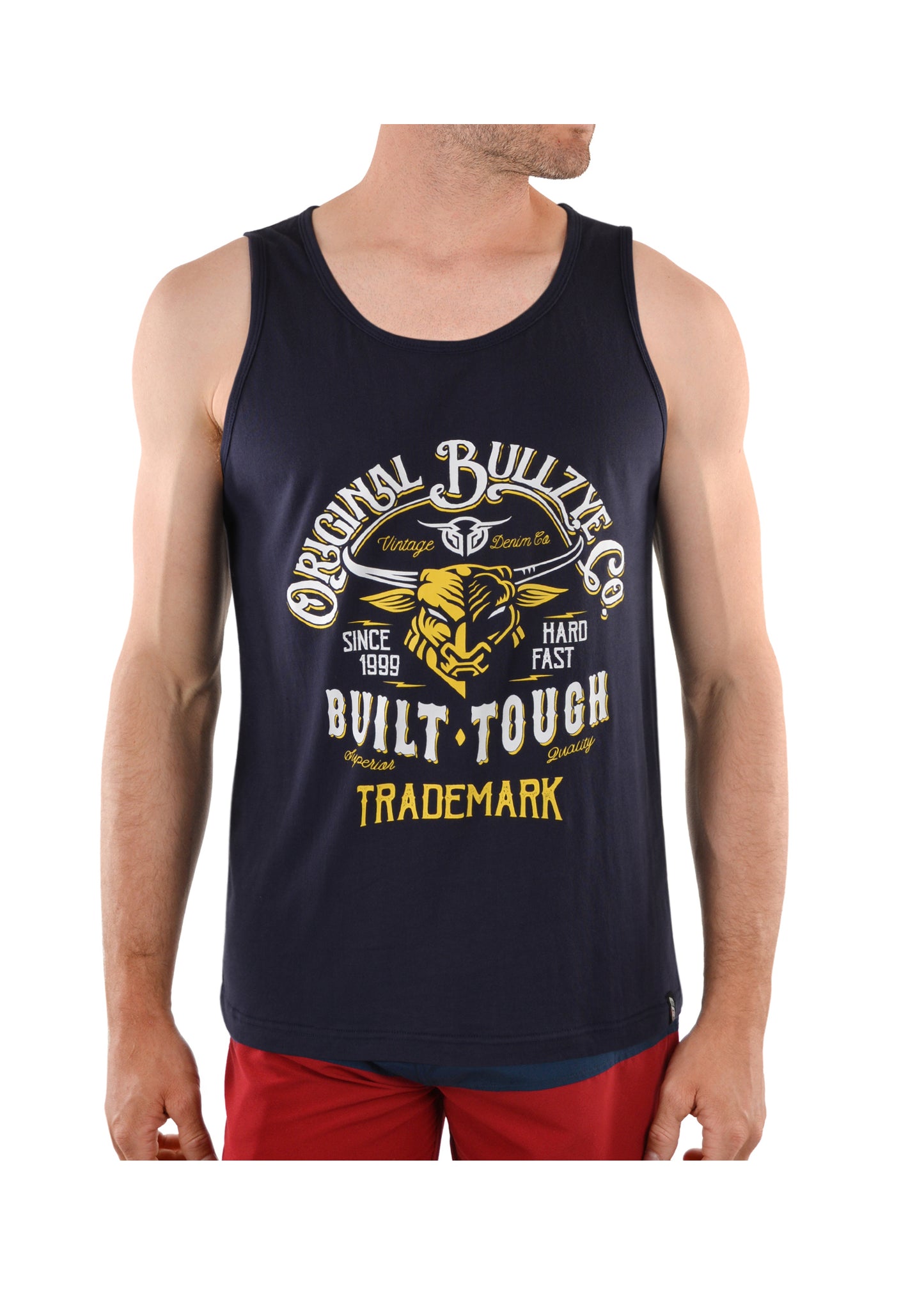 B1S1501076 Bullzye Men's Built Tough Singlet Navy