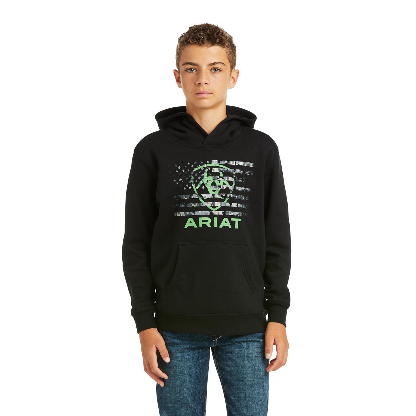 10037004 Ariat Boys Basic Hoodie Black Flag Green