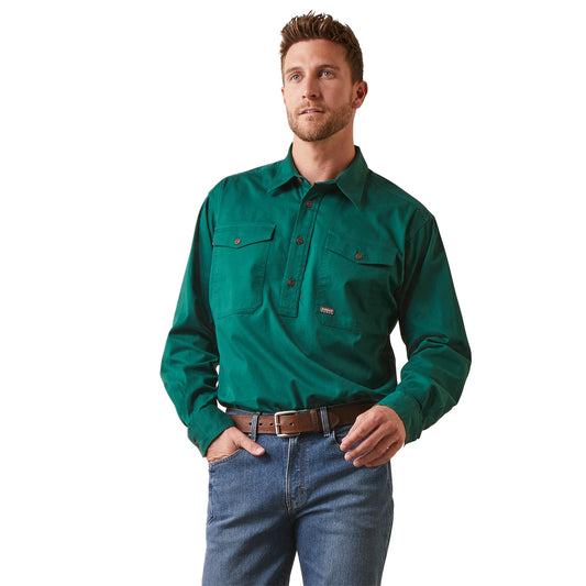 10042858 Ariat Mns Rebar Half Button LS Workshirt Dark Green