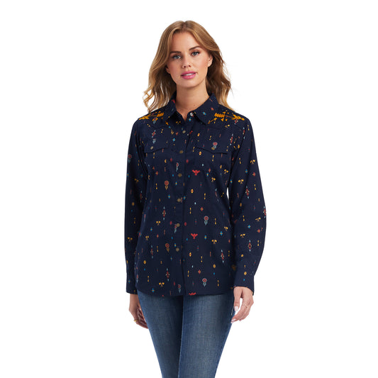 10041677 Ariat Women's REAL Dakota Snap LS Shirt Navy Multi  Print