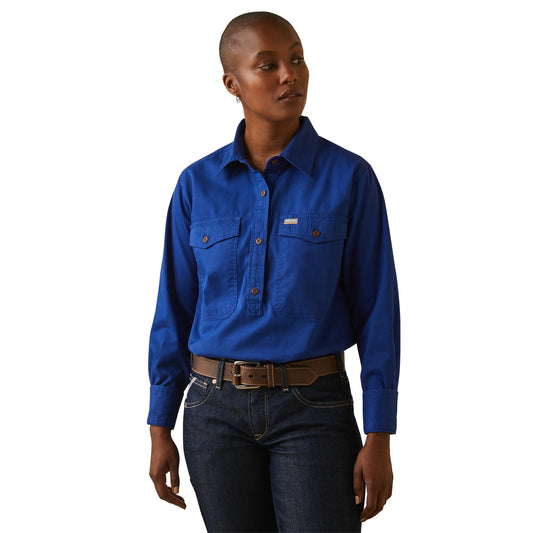 10042855 Ariat Wms Rebar Half Button LS Work Shirt Cobalt