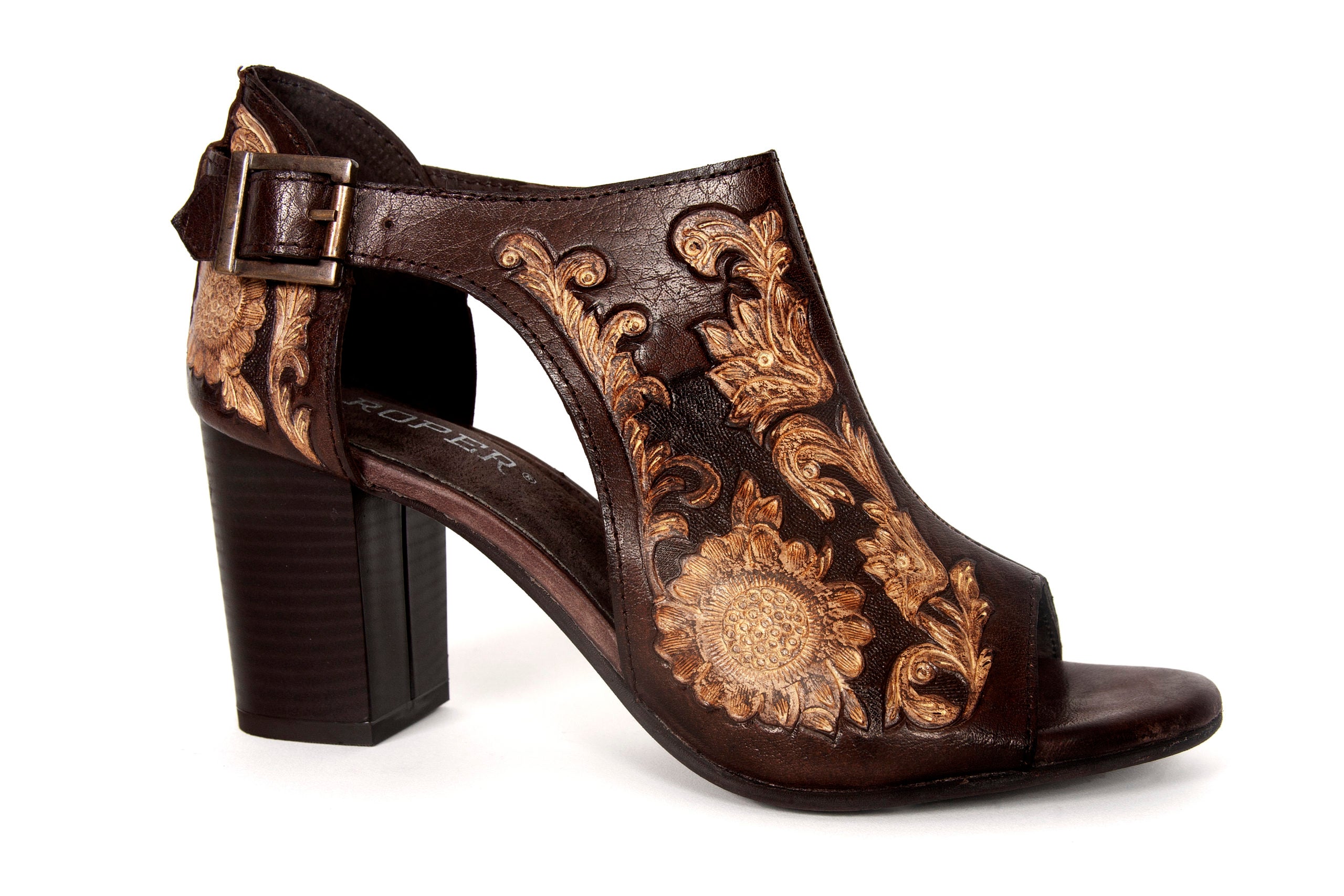 Roper Women's Mika Heeled Sandal - 3 Inch Heel With Floral Tooled Design