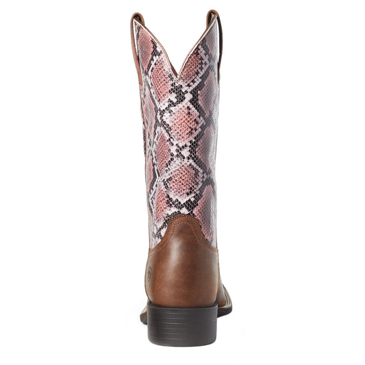10035995 Ariat Women's Round Up Wide Square Toe Tan Bomber/Pink Snake