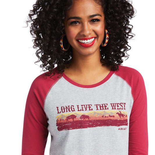 10039776 Ariat Wms Real Long Live Baseball Tee Heather Grey/Red Bud