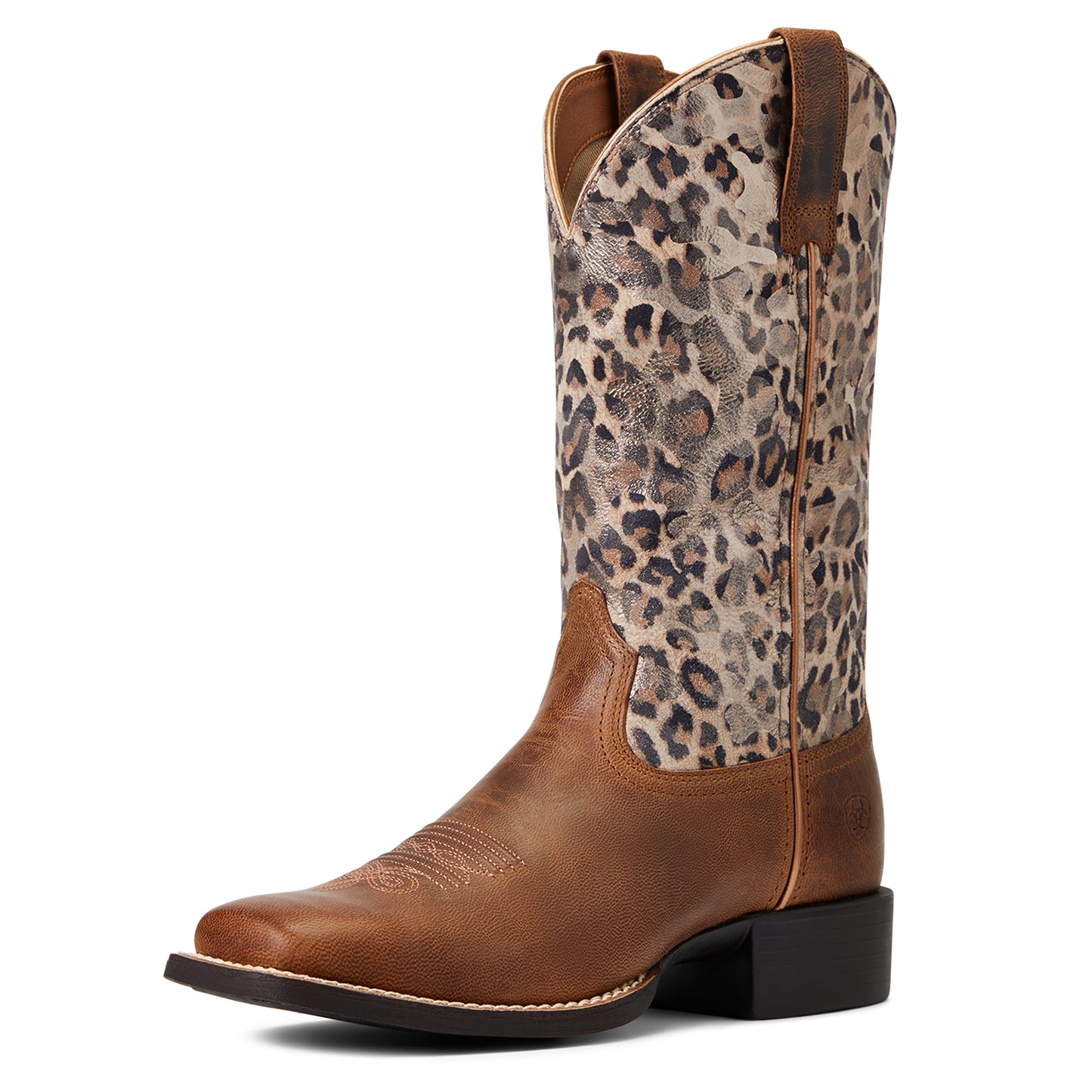10040363 Ariat Women's Round Up Wide Square Toe Pearl Brown/Metallic Leopard