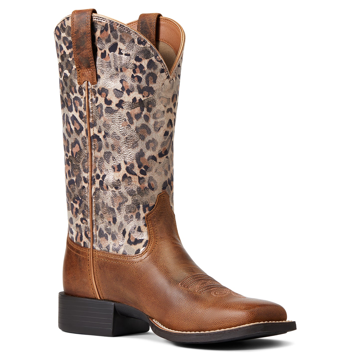 10040363 Ariat Women's Round Up Wide Square Toe Pearl Brown/Metallic Leopard