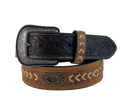 8650500 Roper Men's Leather Arrow Stitch Aztec Concho belt