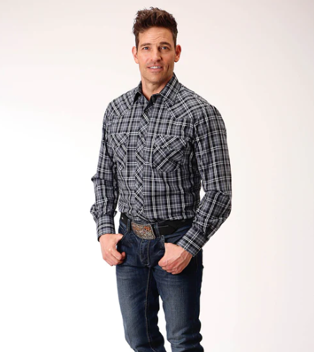 01-001-0101-4023 Roper Mens L/S Shirt Plaid Grey