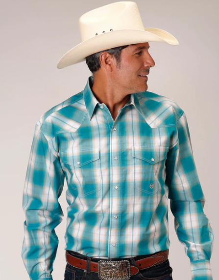 3-01-278-4046 Roper Mens L/S Shirt Plaid Blue