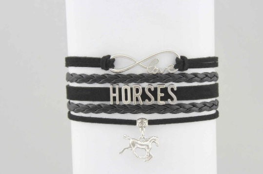 JB180BK Brigalow Black Leather I Love Horses Bracelet