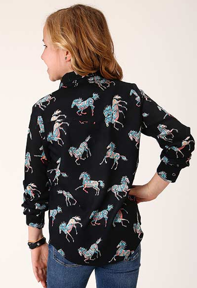 03-080-0590-0154 Roper Gls Five Star Collection LS Black Print Shirt