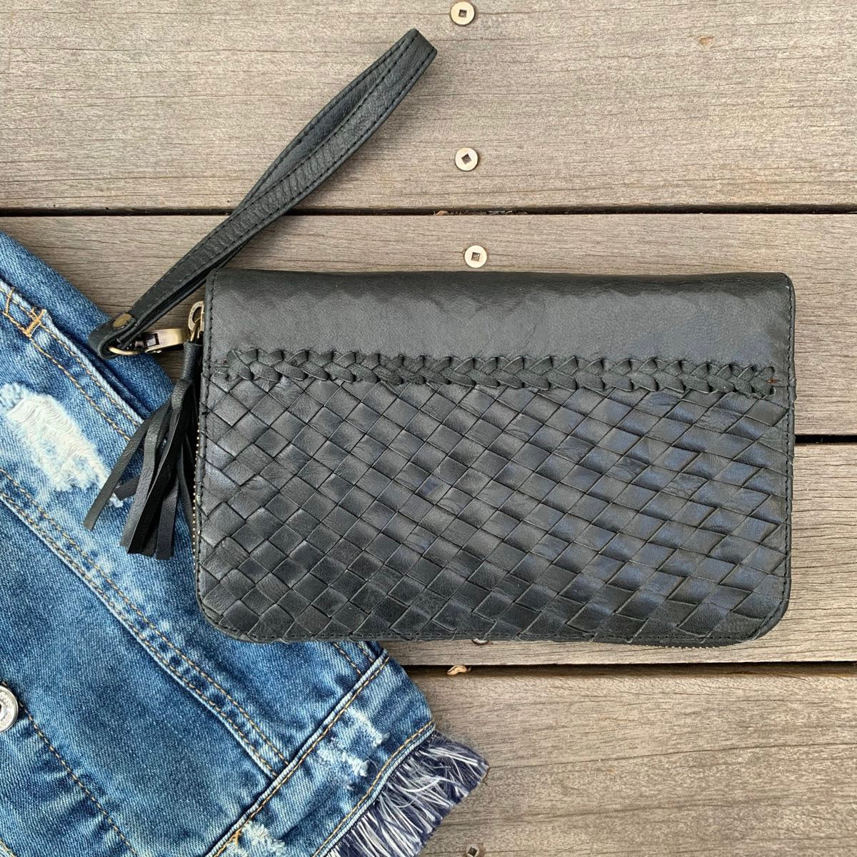 22302 Weave & Stitch Zip around Wallet- Black