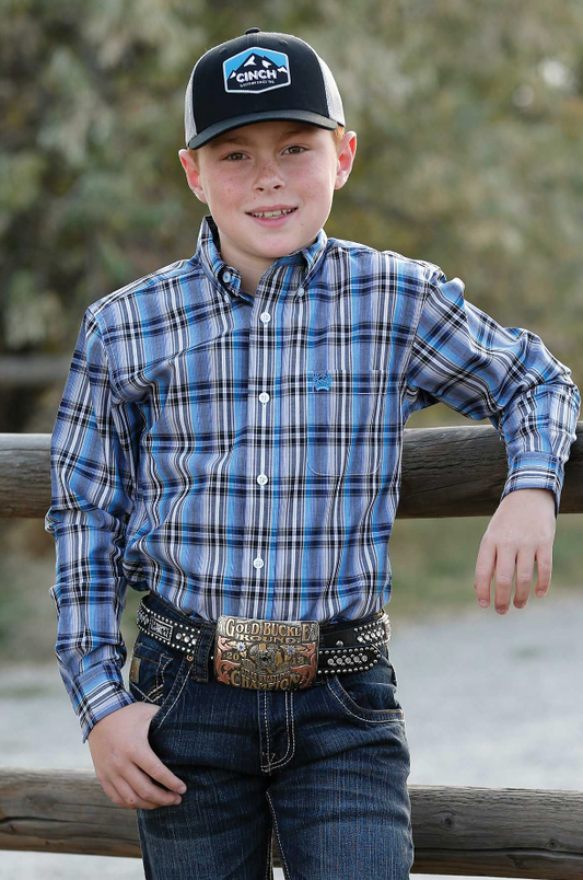 MTW7060261BLU Cinch Boy's Check Arena LS Shirt