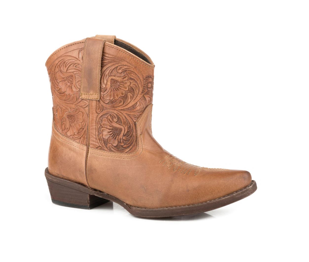 09-021-0908-2676 Roper Women's Dusty Leather Tooled Boot Tan